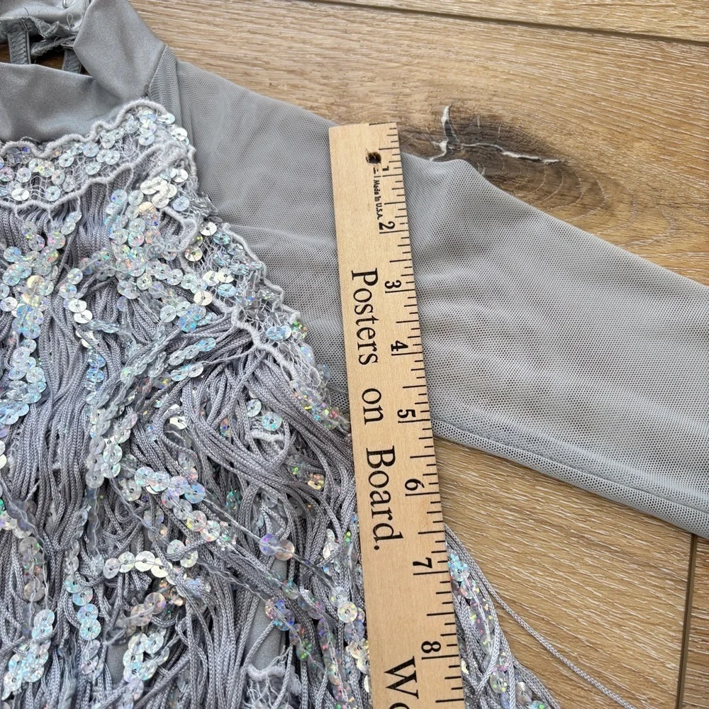 Weissman Silver Fringe Sequined Dance Skating Dress Costume size MC Flapper Tap